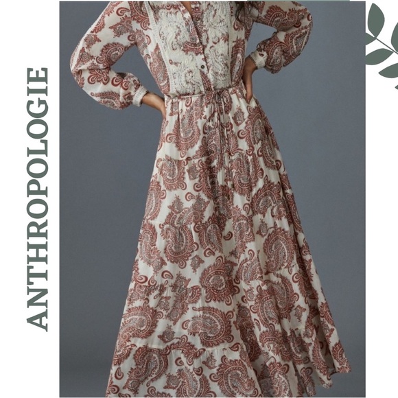 Anthropologie Aleah Allaire Paisley Maxi Dress Ivory Terracotta Paisley Size 1X - Picture 1 of 13